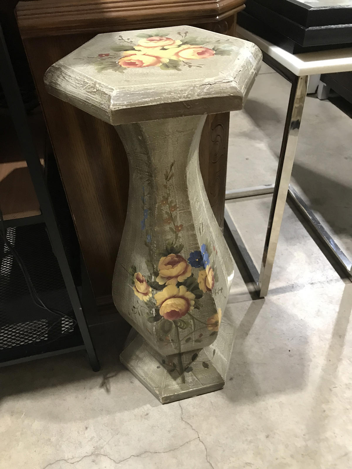 Painted Floral Plant Stand Pedestal