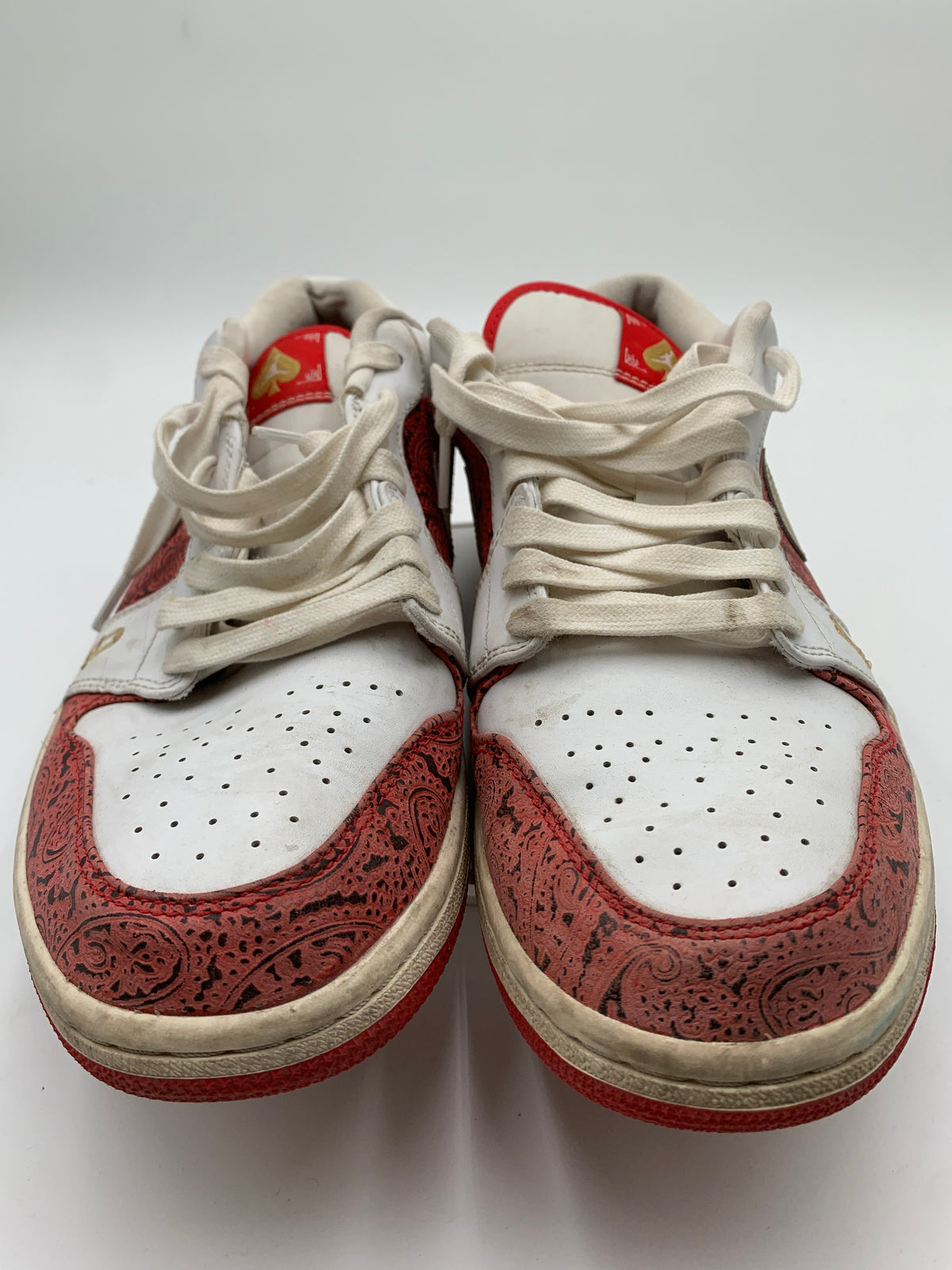 Jordan 1 SE Low Spades Red Paisley and White Sneakers, US 11 / EU 45