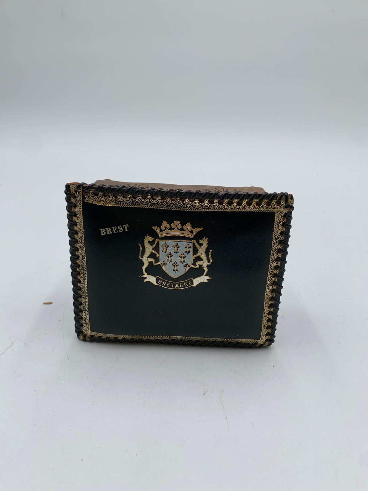 Vintage Bretagne French Wooden Leather trinket Jewelry Box Black