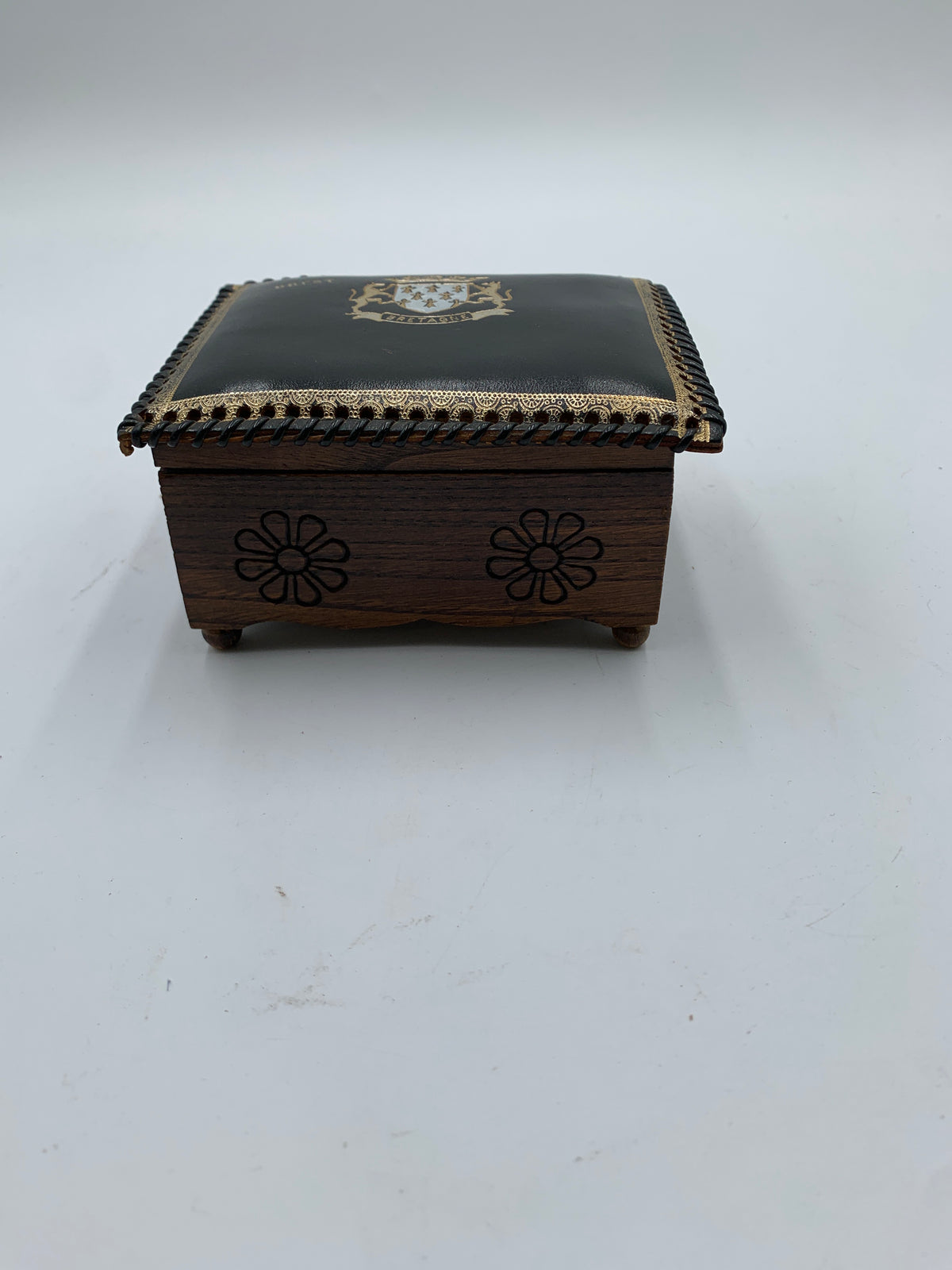 Vintage Bretagne French Wooden Leather trinket Jewelry Box Black