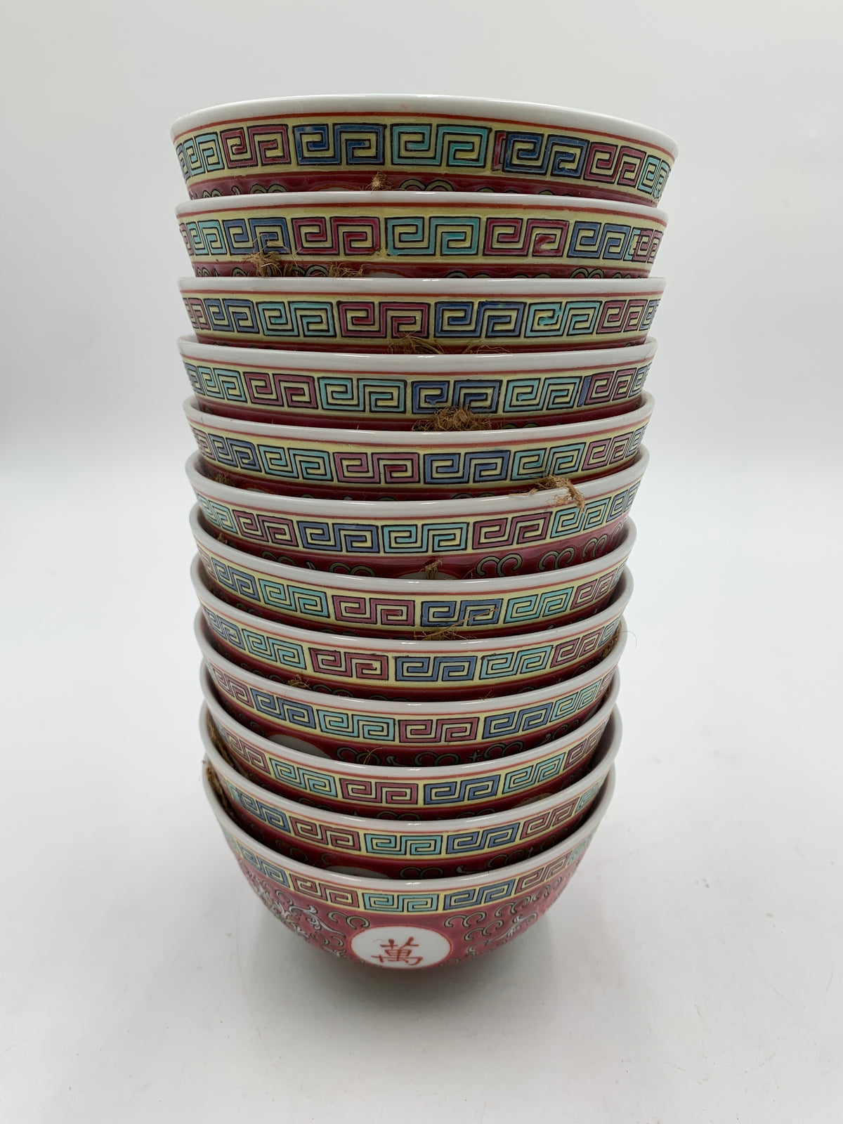 Vintage Chinese Famille Rose Longevity Porcelain Rice Bowls Set 11 Red