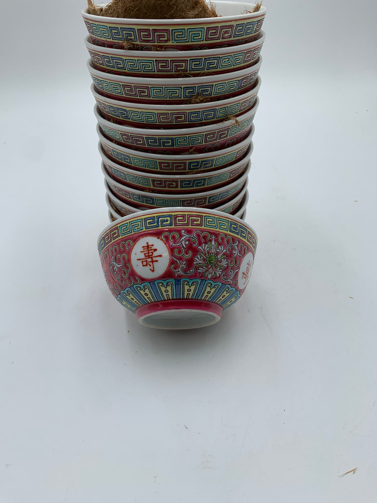 Vintage Chinese Famille Rose Longevity Porcelain Rice Bowls Set 11 Red