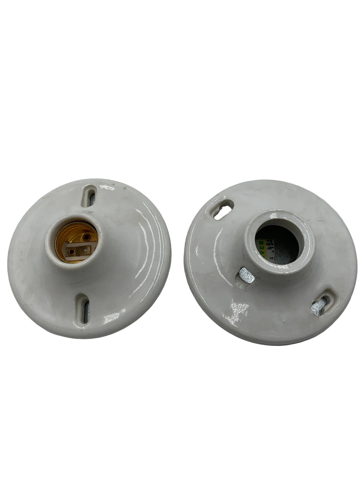 White Ceramic Lamp Holders with Metal Mounting Backplates – Set of 2