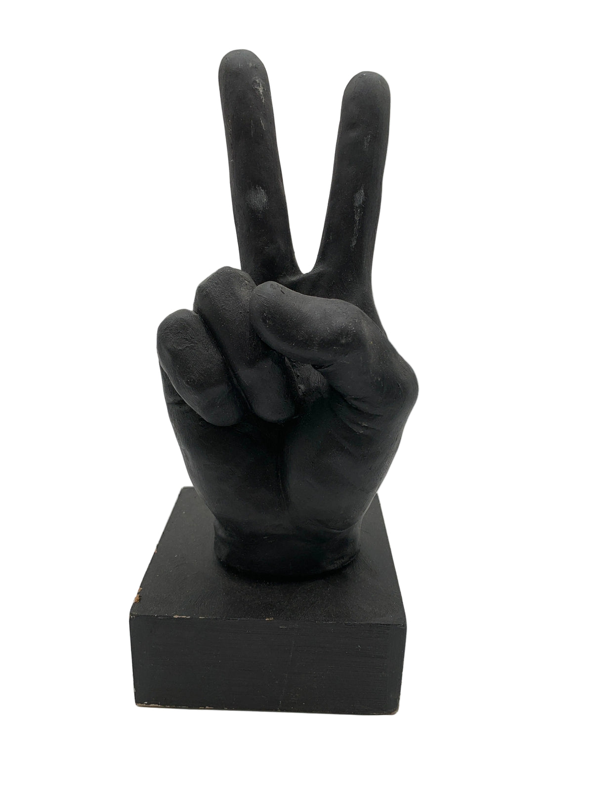 Black Peace Sign Hand Sculpture on Square Base