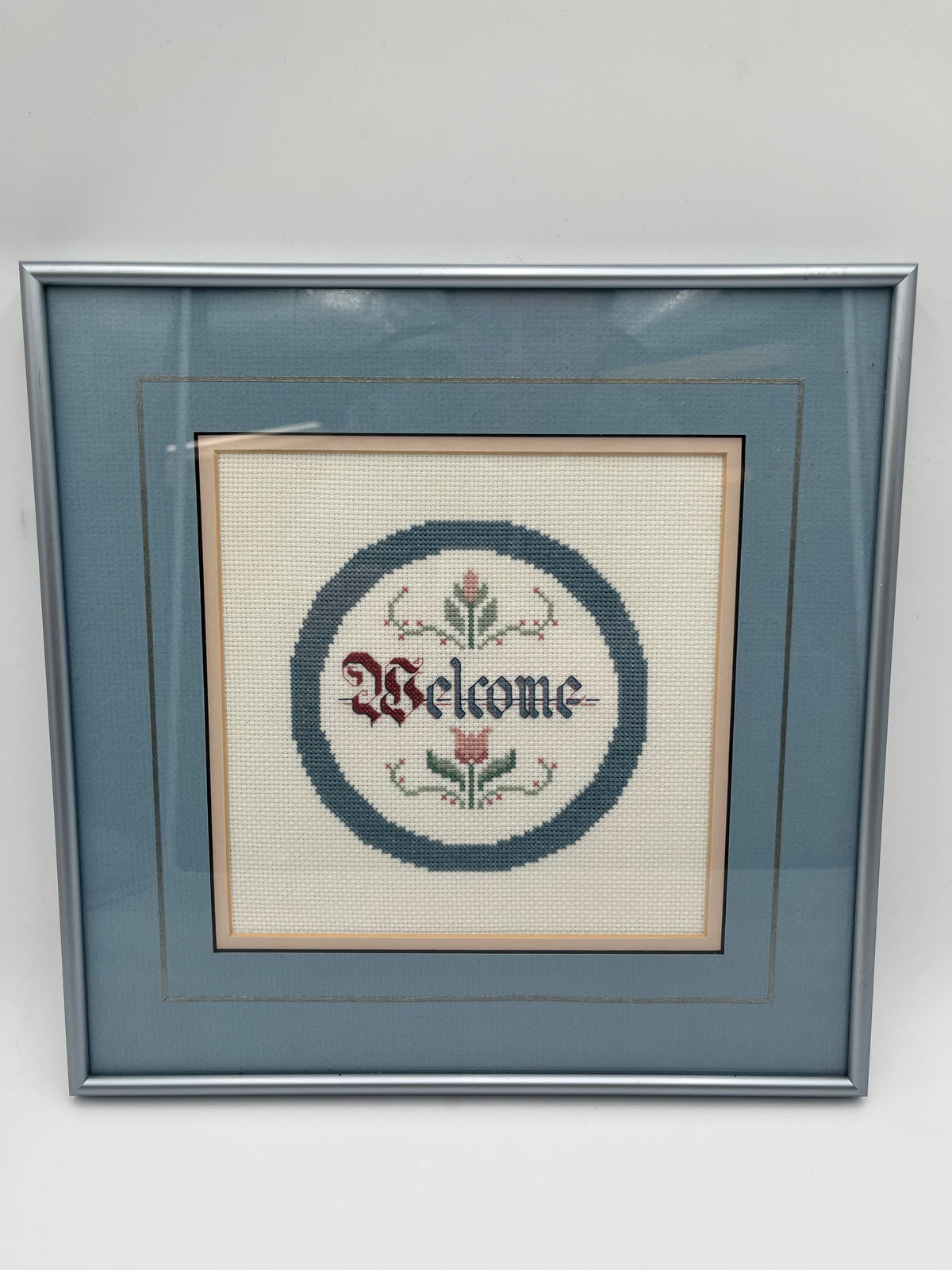 Vintage Framed Welcome Cross Stitch Floral Sampler Blue Metal Frame Wall Art