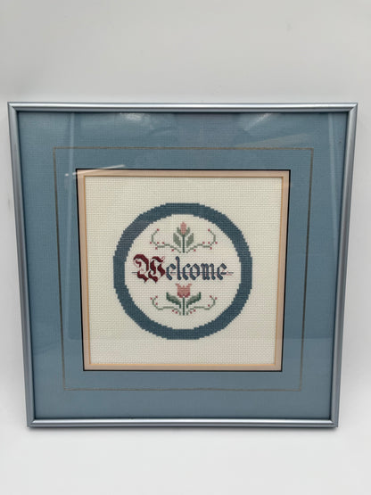 Vintage Framed Welcome Cross Stitch Floral Sampler Blue Metal Frame Wall Art