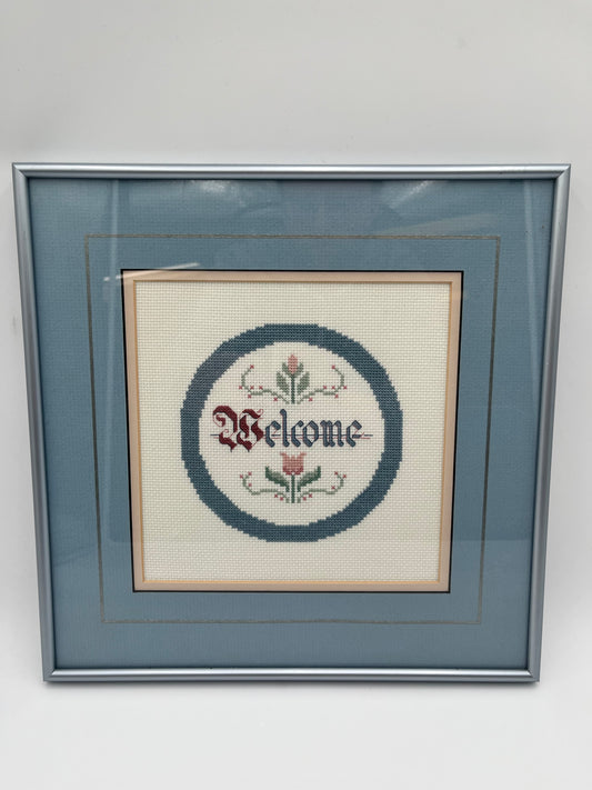 Vintage Framed Welcome Cross Stitch Floral Sampler Blue Metal Frame Wall Art