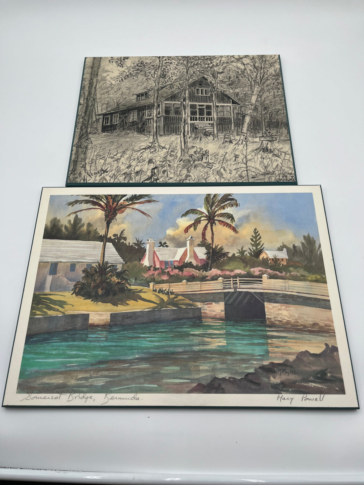 Vintage Art Lot: Bermuda Bridge Print & Woodland Cabin Sketch On Board