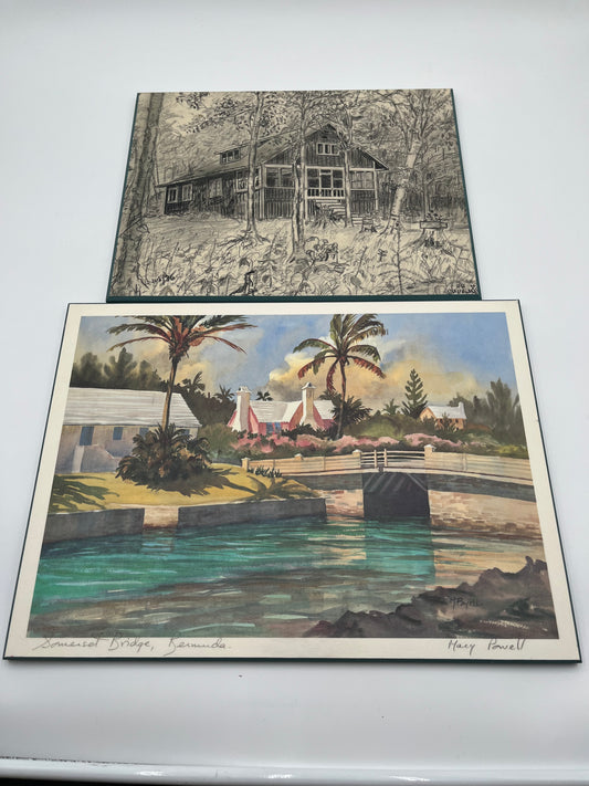 Vintage Art Lot: Bermuda Bridge Print & Woodland Cabin Sketch On Board