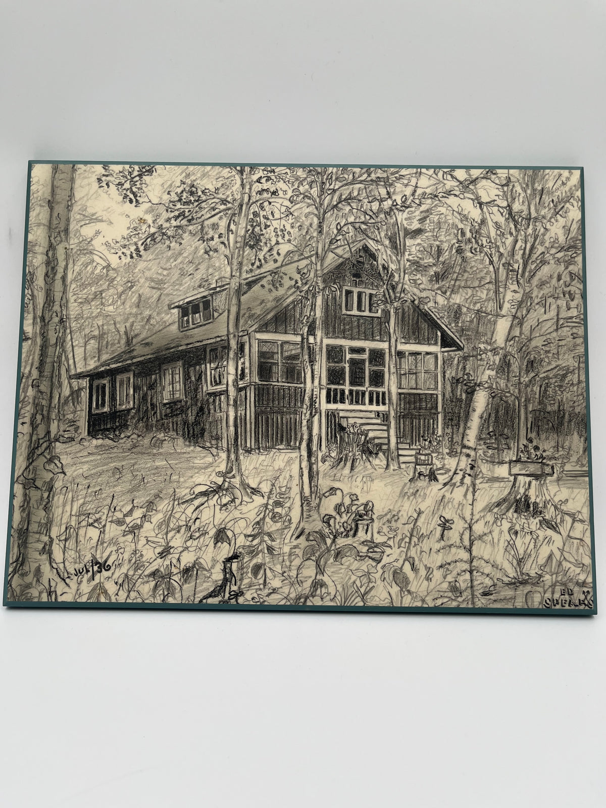 Vintage Art Lot: Bermuda Bridge Print & Woodland Cabin Sketch On Board
