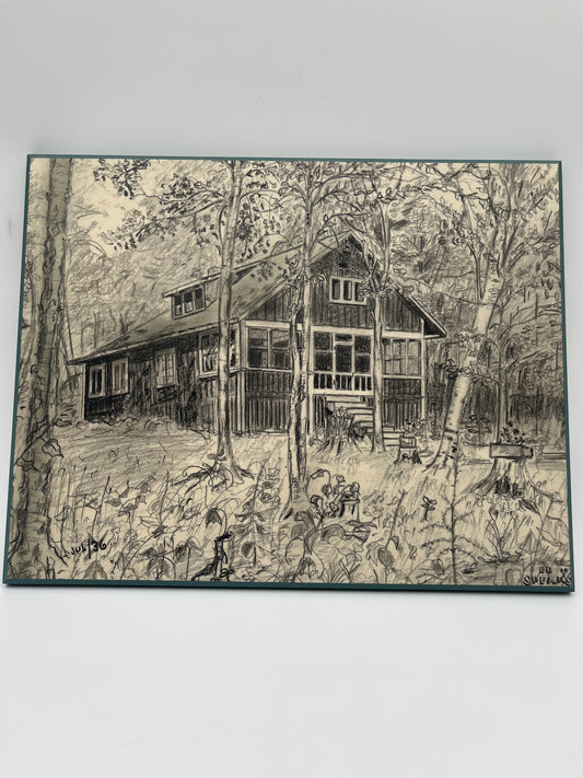 Vintage Art Lot: Bermuda Bridge Print & Woodland Cabin Sketch On Board