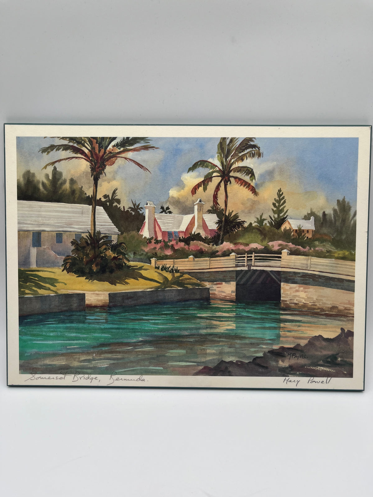 Vintage Art Lot: Bermuda Bridge Print & Woodland Cabin Sketch On Board