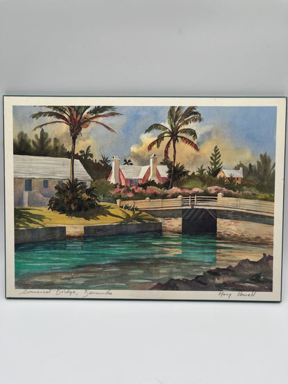 Vintage Art Lot: Bermuda Bridge Print & Woodland Cabin Sketch On Board