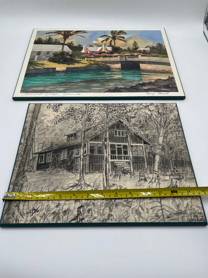 Vintage Art Lot: Bermuda Bridge Print & Woodland Cabin Sketch On Board