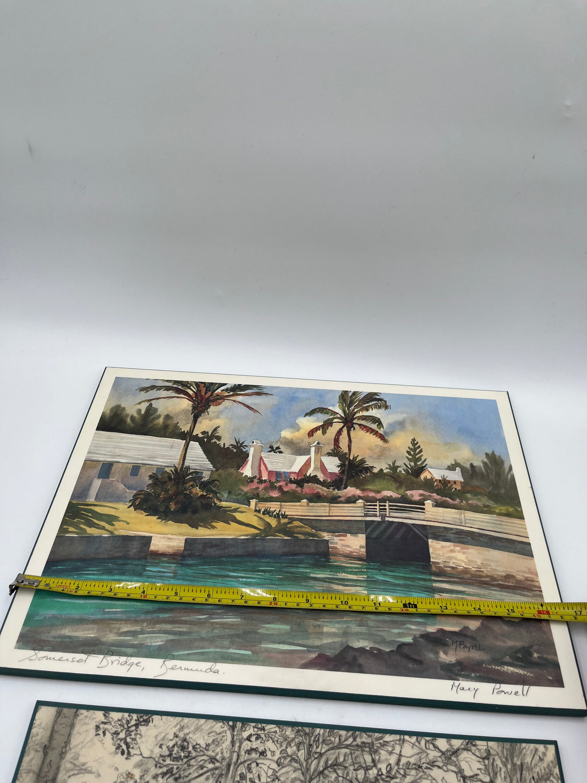 Vintage Art Lot: Bermuda Bridge Print & Woodland Cabin Sketch On Board