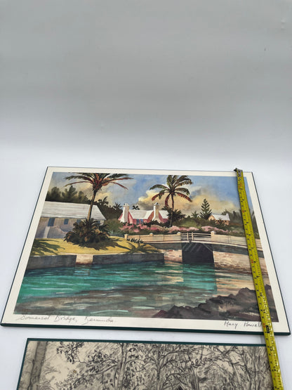 Vintage Art Lot: Bermuda Bridge Print & Woodland Cabin Sketch On Board