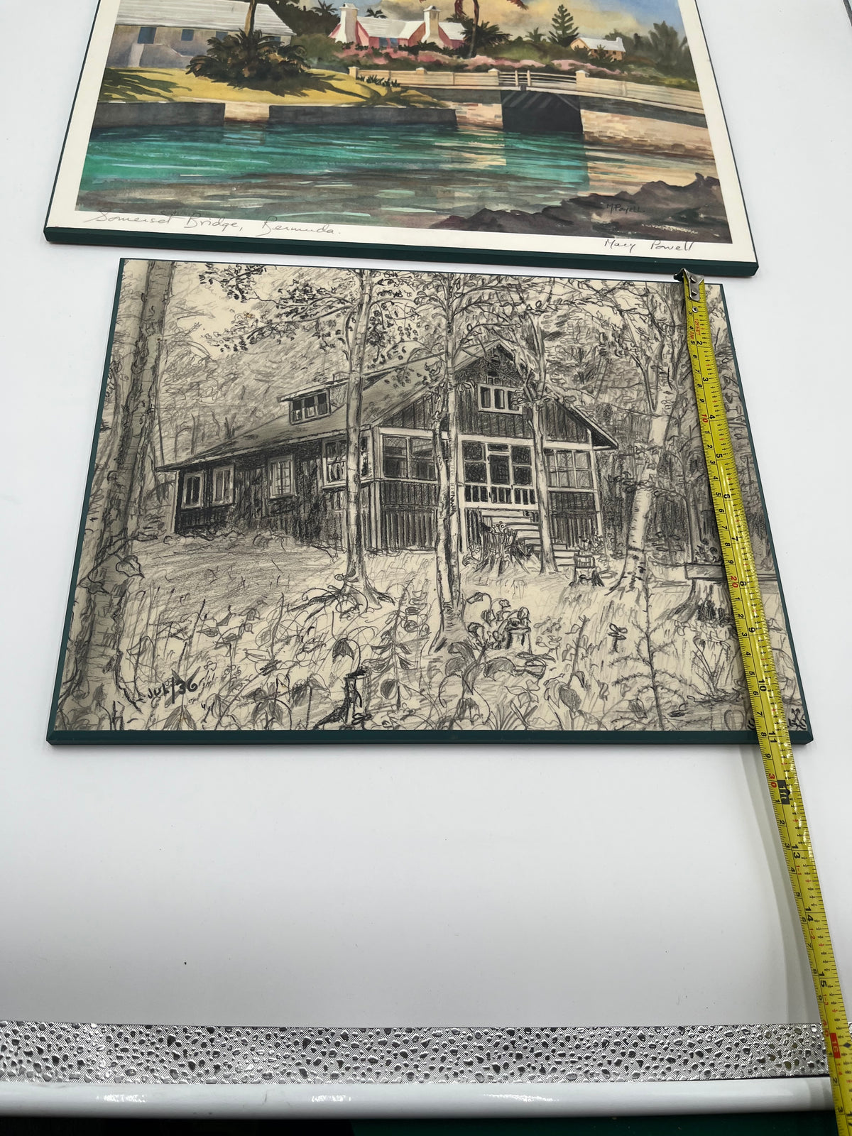 Vintage Art Lot: Bermuda Bridge Print & Woodland Cabin Sketch On Board