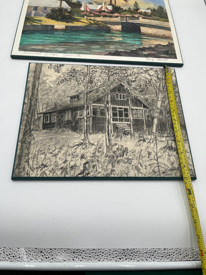 Vintage Art Lot: Bermuda Bridge Print & Woodland Cabin Sketch On Board