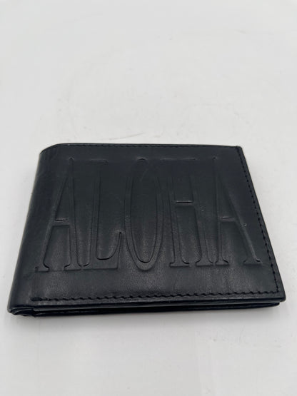 Men's Black Leather Aloha Debossed Bifold Wallet ID Window Hand Crafted