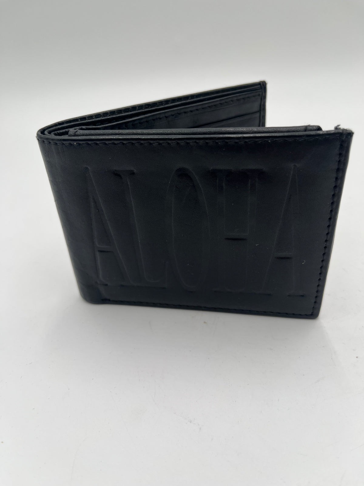 Men's Black Leather Aloha Debossed Bifold Wallet ID Window Hand Crafted