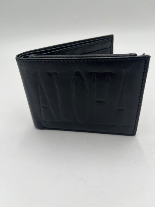 Men's Black Leather Aloha Debossed Bifold Wallet ID Window Hand Crafted