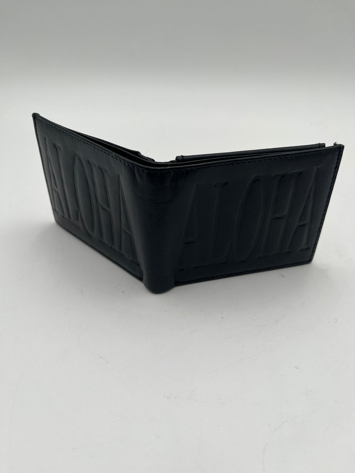 Men's Black Leather Aloha Debossed Bifold Wallet ID Window Hand Crafted