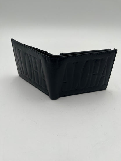 Men's Black Leather Aloha Debossed Bifold Wallet ID Window Hand Crafted