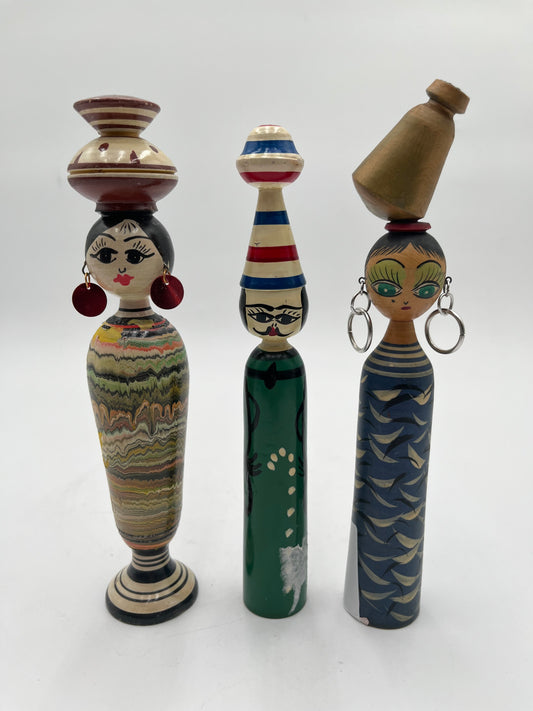 Vintage Hand Painted Wooden Folk Art Kokeshi Doll Figurines Set of 3