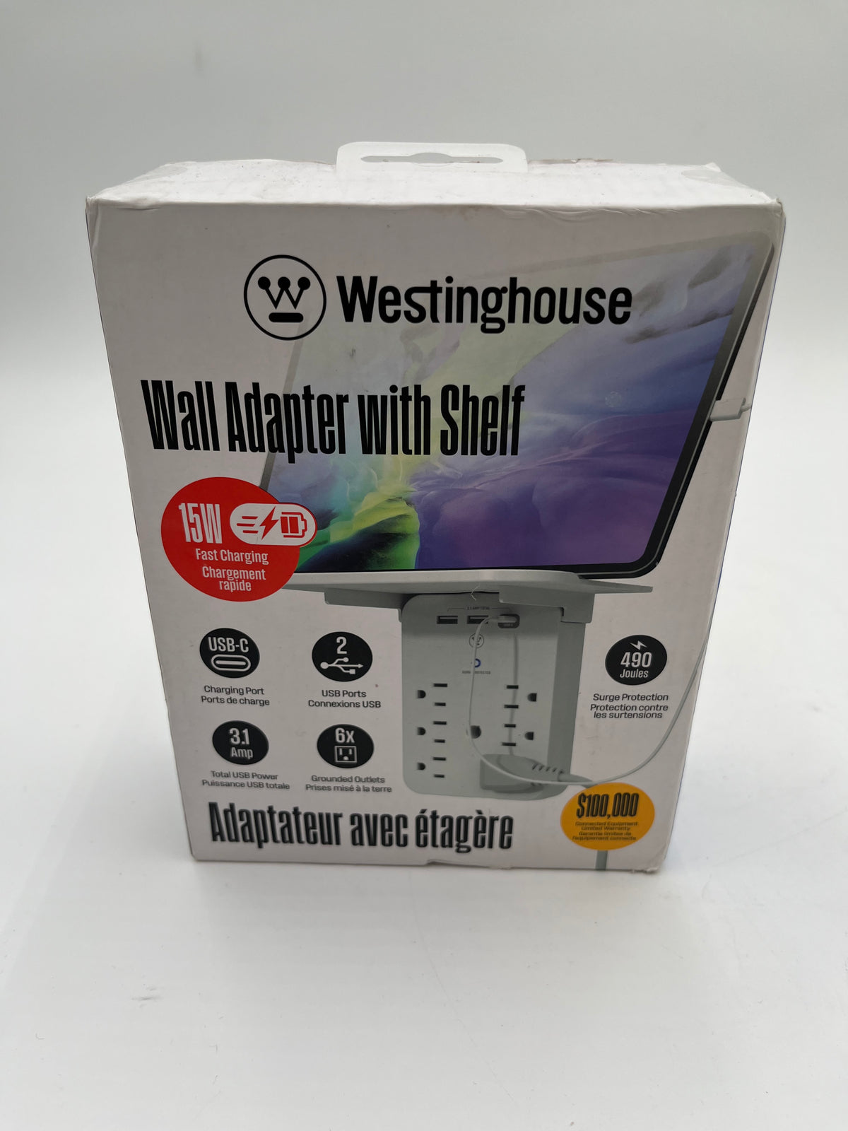 Westinghouse Wall Adapter Surge Protector Shelf 6 Outlets USB-C 15W