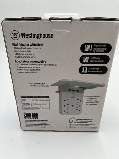 Westinghouse Wall Adapter Surge Protector Shelf 6 Outlets USB-C 15W