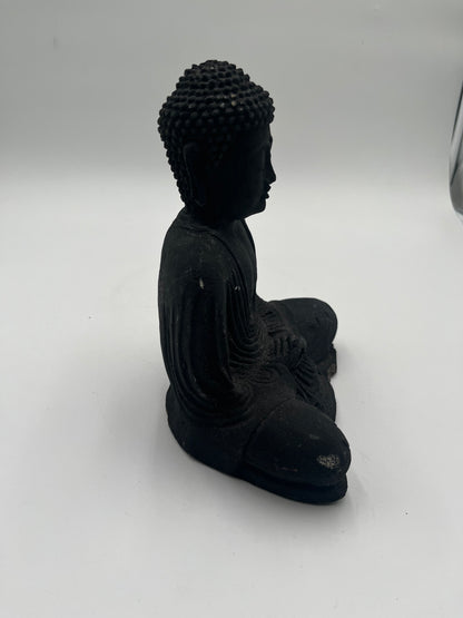 Vintage Carved Dark Stone Meditating Buddha Statue