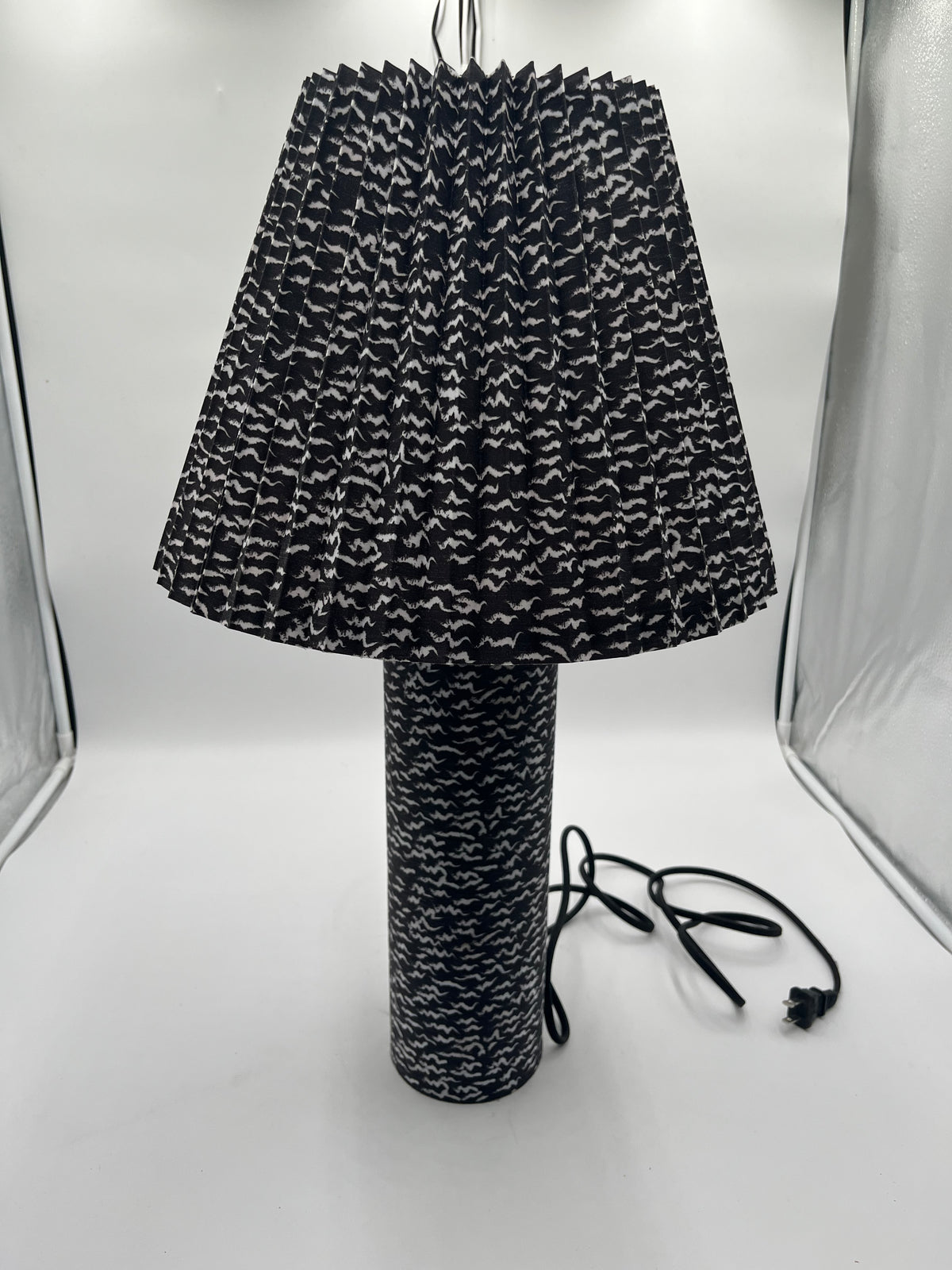 CB2 Kara Mann Scrunch Black White Fabric Pleated Table Lamp 80s Mod Modern