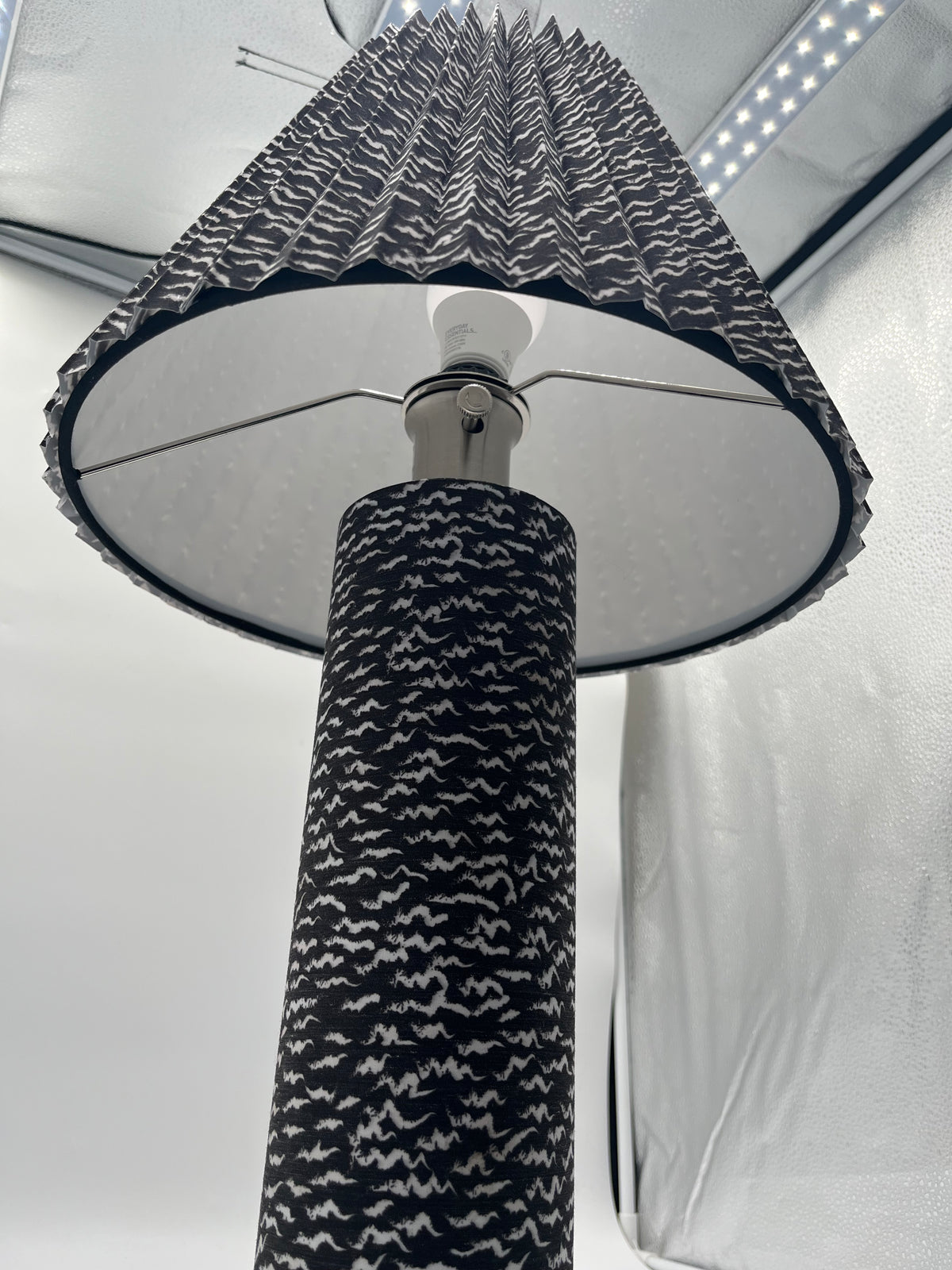 CB2 Kara Mann Scrunch Black White Fabric Pleated Table Lamp 80s Mod Modern