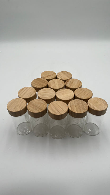12 Piece Glass Spice Jar Set Bamboo Wood Lids Kitchen Pantry Storage