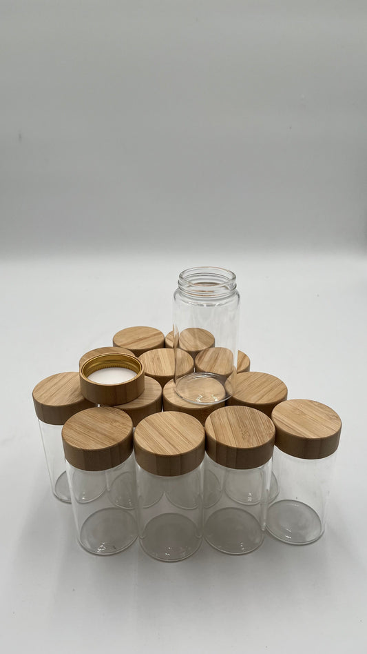 12 Piece Glass Spice Jar Set Bamboo Wood Lids Kitchen Pantry Storage