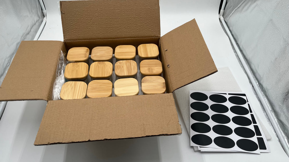 12-Pack Square Glass Storage Jars with Bamboo Lids & Labels