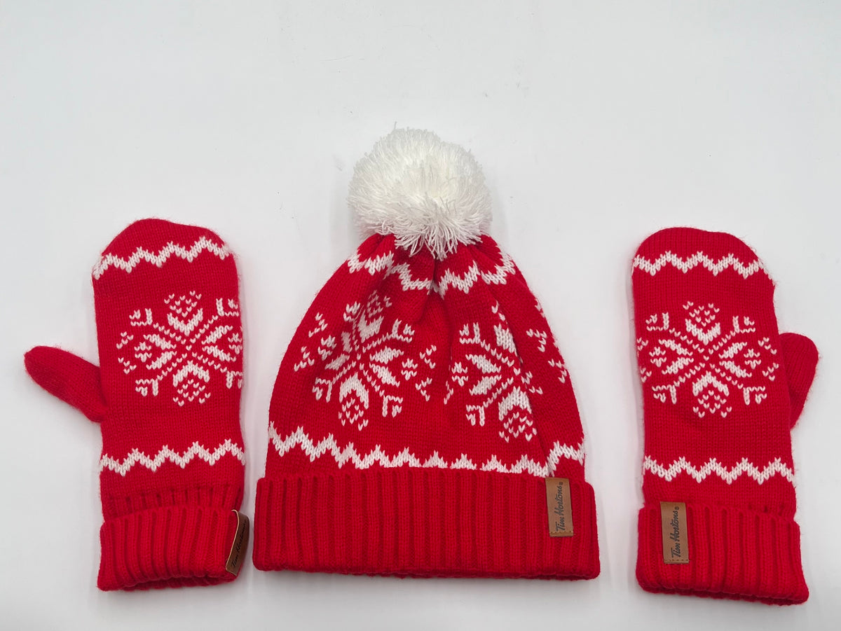 Tim Hortons Red & White Snowflake Knit Winter Toque Hat and Mittens Set