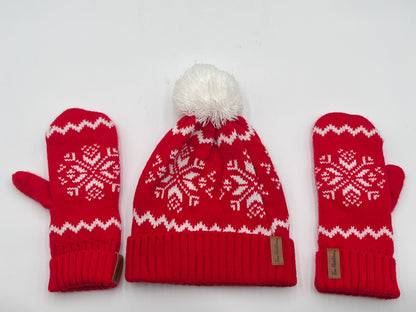 Tim Hortons Red & White Snowflake Knit Winter Toque Hat and Mittens Set