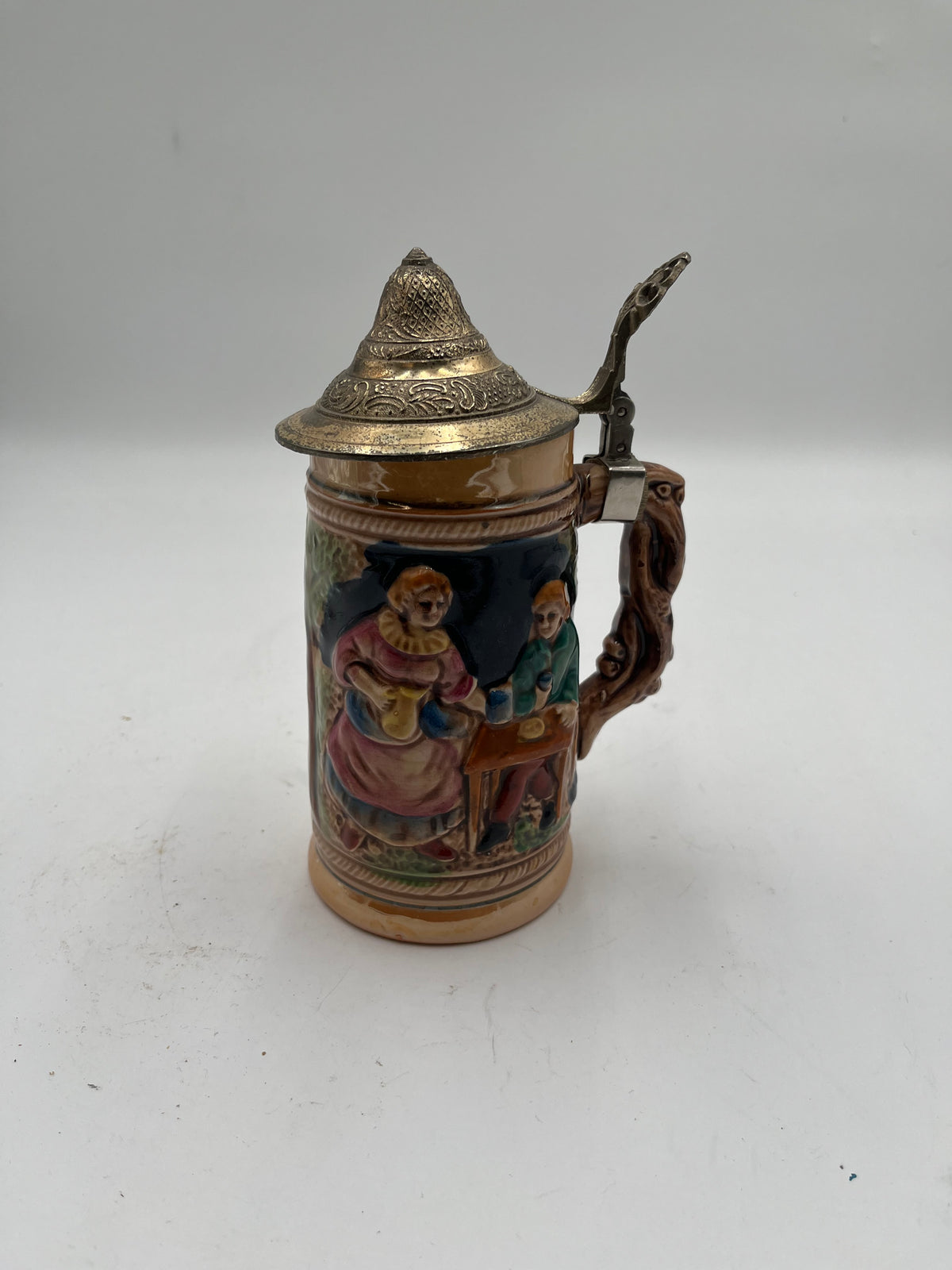 Vintage Miniature Lidded Ceramic German Beer Stein Relief Tavern Scene Pewter Lid