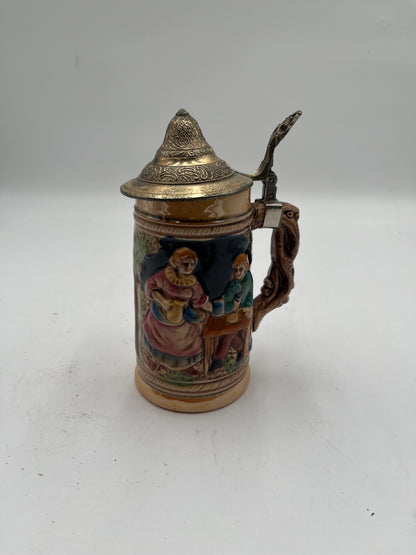 Vintage Miniature Lidded Ceramic German Beer Stein Relief Tavern Scene Pewter Lid