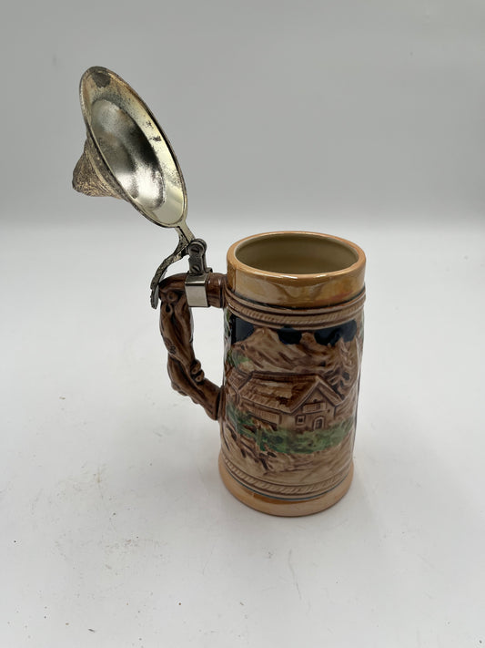 Vintage Miniature Lidded Ceramic German Beer Stein Relief Tavern Scene Pewter Lid