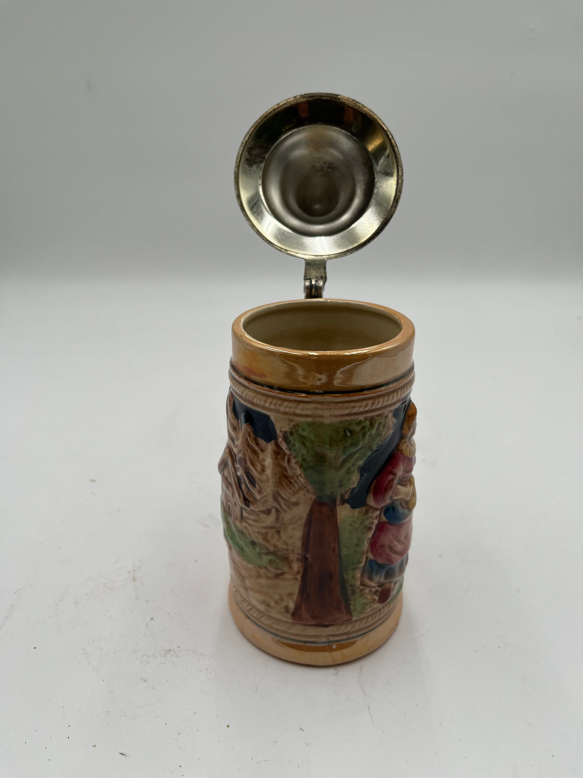 Vintage Miniature Lidded Ceramic German Beer Stein Relief Tavern Scene Pewter Lid