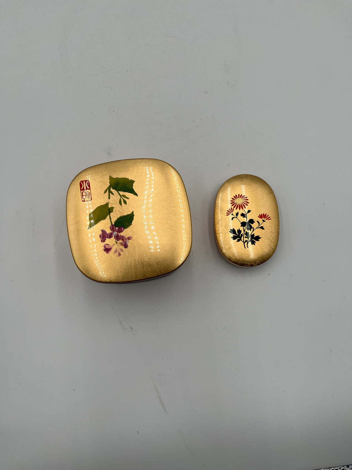 Vintage Japanese Gold Lacquer Mini Box Set 2 Tier Square and Oval