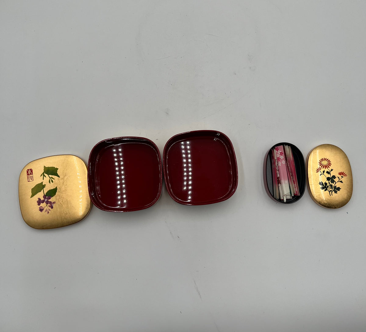 Vintage Japanese Gold Lacquer Mini Box Set 2 Tier Square and Oval