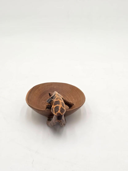 African Art Hand Carved Wood Bowl Giraffe Drinking Jewlery Ring Trinket Dish