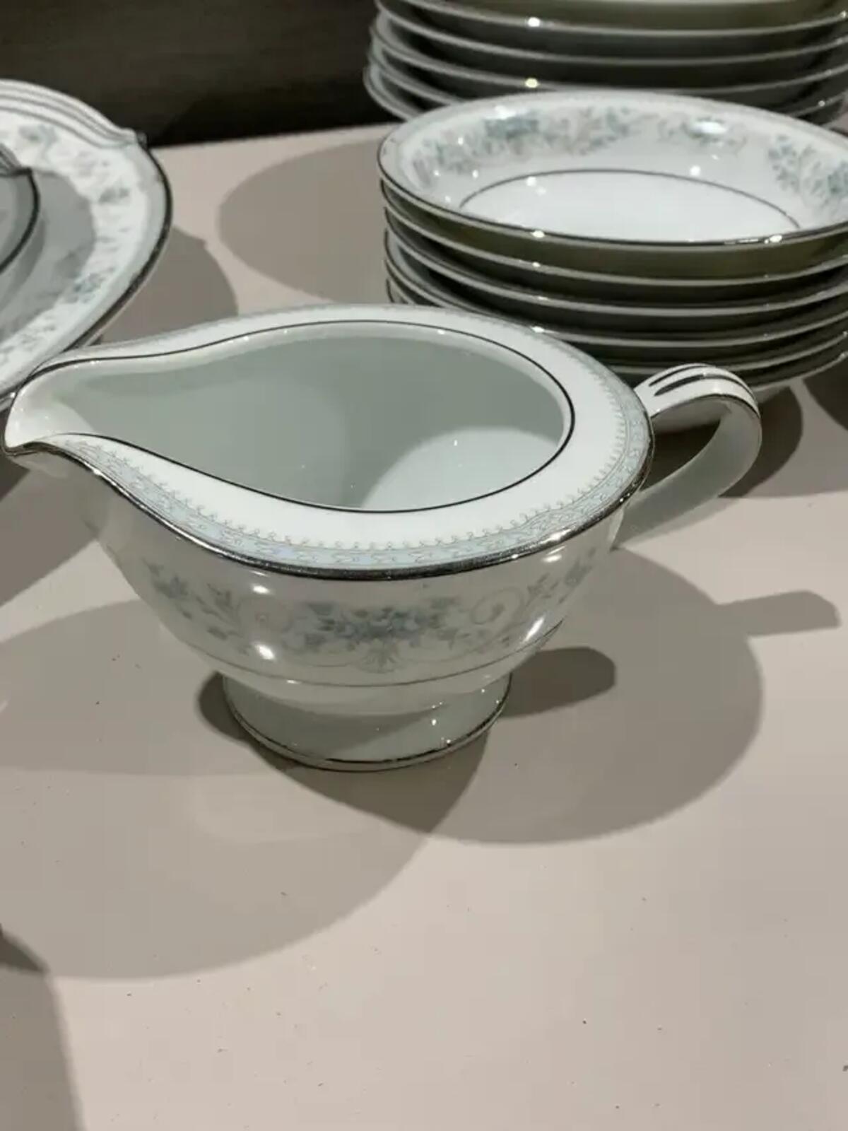 Beautiful 35 piece Blue Floral and Silver China Dinnerware Set