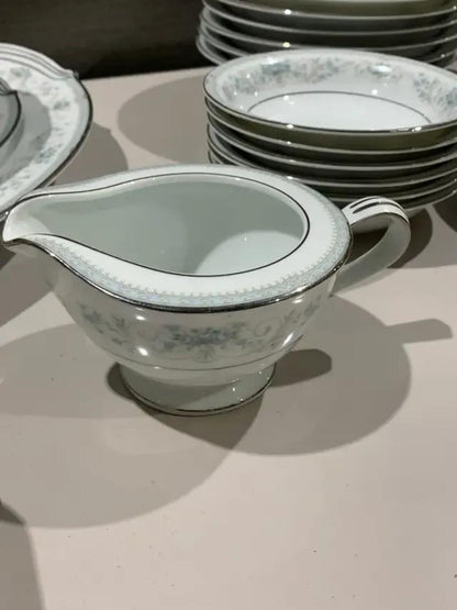 Beautiful 35 piece Blue Floral and Silver China Dinnerware Set