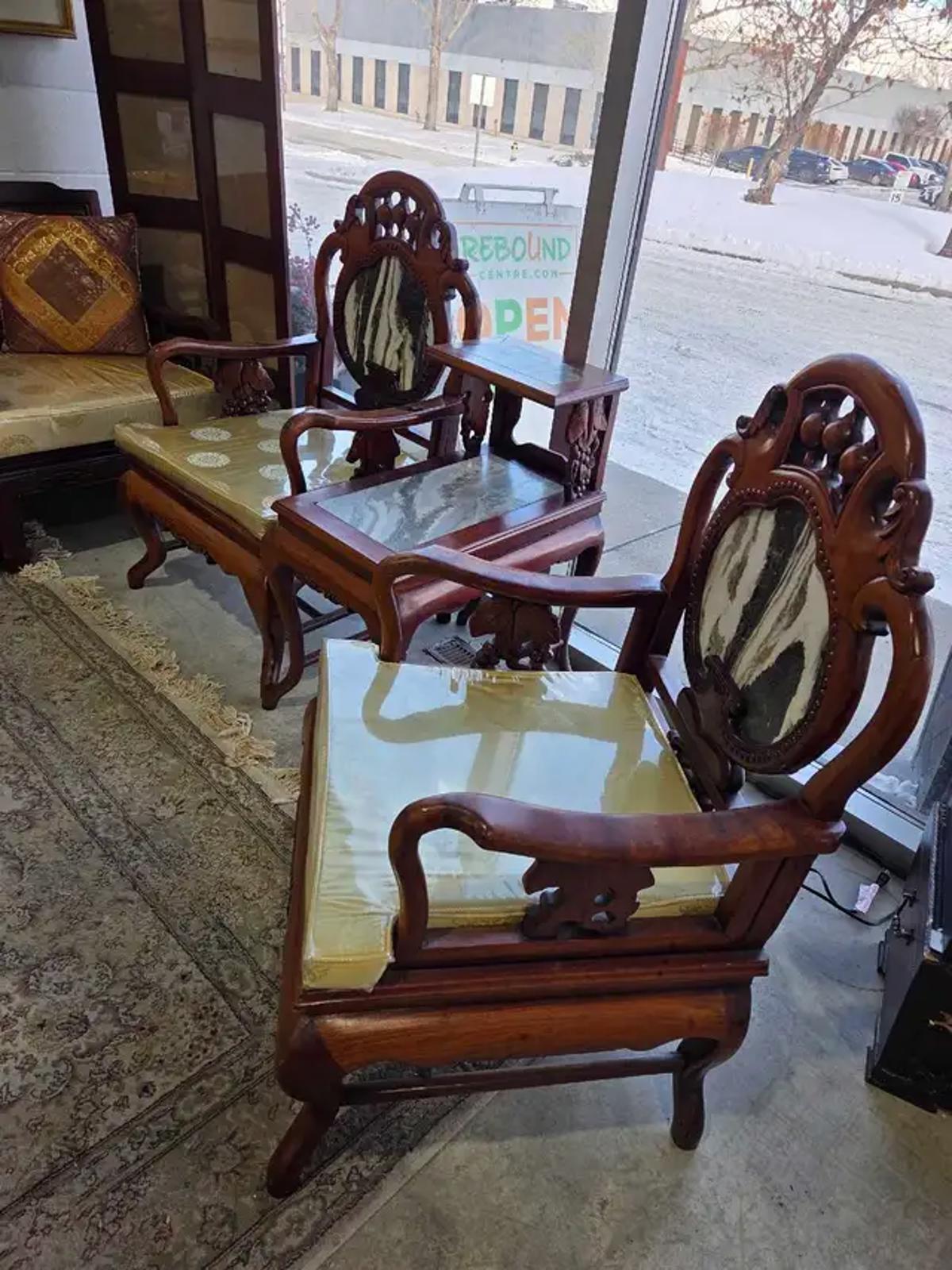 Chinese Carved Chairs and Table with Marble
