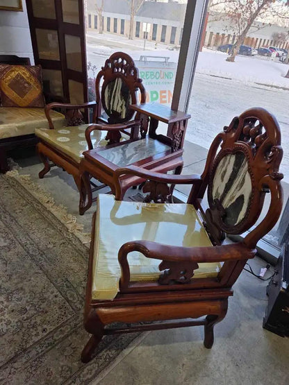 Chinese Carved Chairs and Table with Marble