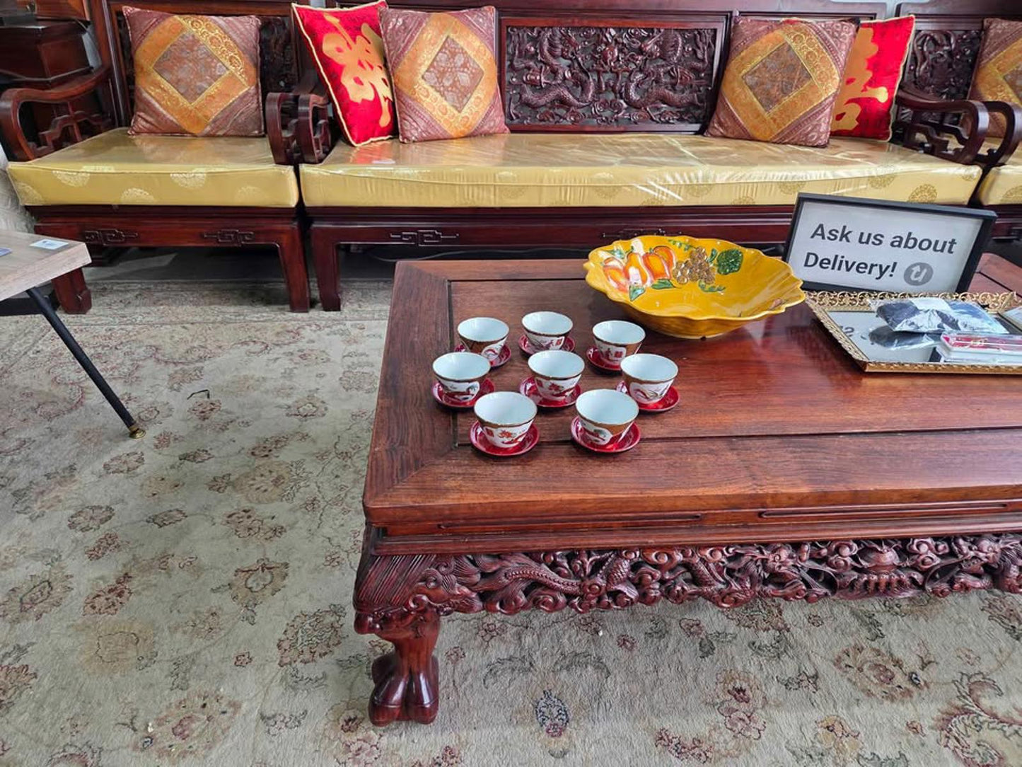 Set of 8 Asian Dragon Design Tea Cups w/ Red Saucers